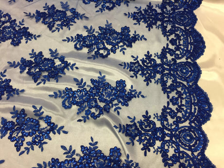 Sequin Lace Fabric With Embroideries On Mesh - 100 Percent Polyester Fabric, Double Scalloped Floral Lace, 51" Width (1 Yard)