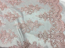 Sequin Lace Fabric With Embroideries On Mesh - 100 Percent Polyester Fabric, Double Scalloped Floral Lace, 51" Width (1 Yard)