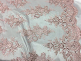 Sequin Lace Fabric With Embroideries On Mesh - 100 Percent Polyester Fabric, Double Scalloped Floral Lace, 51" Width (1 Yard)
