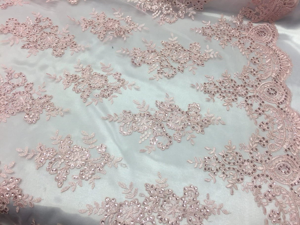 Sequin Lace Fabric With Embroideries On Mesh - 100 Percent Polyester Fabric, Double Scalloped Floral Lace, 51" Width (1 Yard)