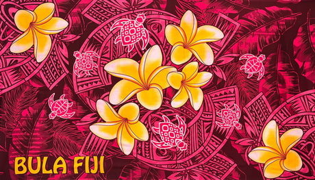 Bula Fiji Turtle Sarong 100 Percent Polyester Fabric - Polynesian Tattoo Background With Floating Sea Turtles And Plumeria Flowers, 72" L X 45" W (1 Piece)
