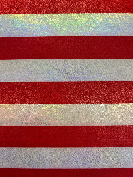 Red And White Striped Holographic Mystique Spandex Fabric - Red And White Stripes, 1 Yard
