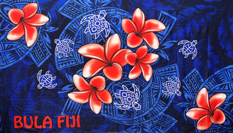 Bula Fiji Turtle Sarong 100 Percent Polyester Fabric - Polynesian Tattoo Background With Floating Sea Turtles And Plumeria Flowers, 72" L X 45" W (1 Piece)