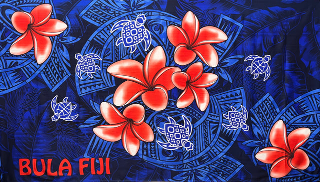 Bula Fiji Turtle Sarong 100 Percent Polyester Fabric - Polynesian Tattoo Background With Floating Sea Turtles And Plumeria Flowers, 72" L X 45" W (1 Piece)