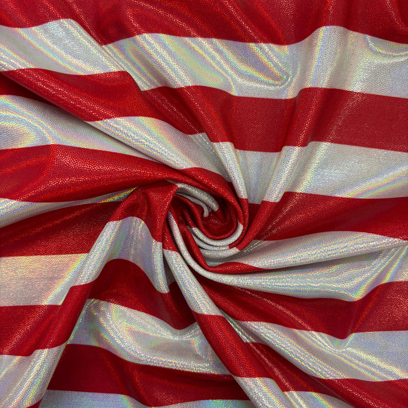 Red And White Striped Holographic Mystique Spandex Fabric - Red And White Stripes, 1 Yard