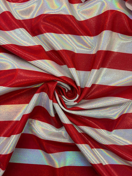Red And White Striped Holographic Mystique Spandex Fabric - Red And White Stripes, 1 Yard