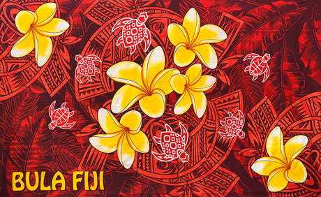 Bula Fiji Turtle Sarong 100 Percent Polyester Fabric - Polynesian Tattoo Background With Floating Sea Turtles And Plumeria Flowers, 72" L X 45" W (1 Piece)