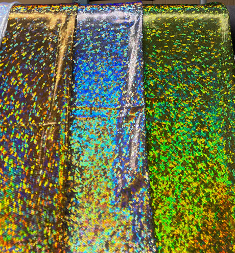 Shattered Holographic Honeycomb Nylon Spandex Fabric - Green, Royal, Red, Iridescent Black, Silver, Pink, Chartreuse, White, Gold, 58" Wide