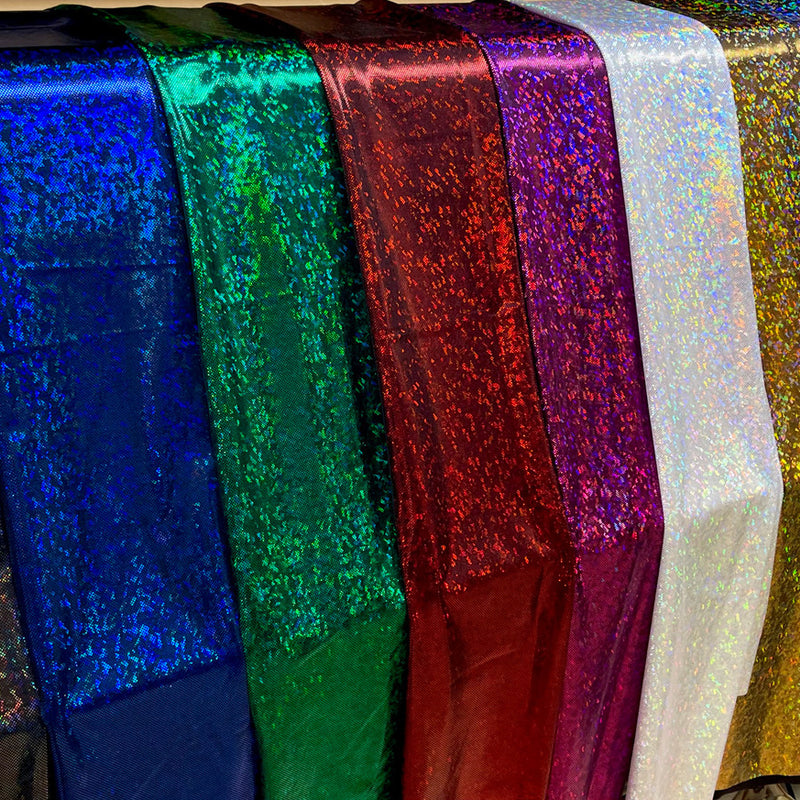 Shattered Holographic Honeycomb Nylon Spandex Fabric - Green, Royal, Red, Iridescent Black, Silver, Pink, Chartreuse, White, Gold, 58" Wide
