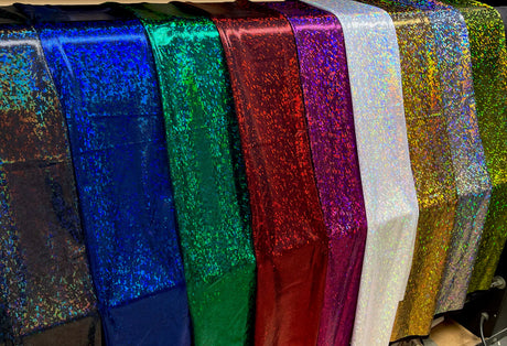 Shattered Holographic Honeycomb Nylon Spandex Fabric - Green, Royal, Red, Iridescent Black, Silver, Pink, Chartreuse, White, Gold, 58" Wide