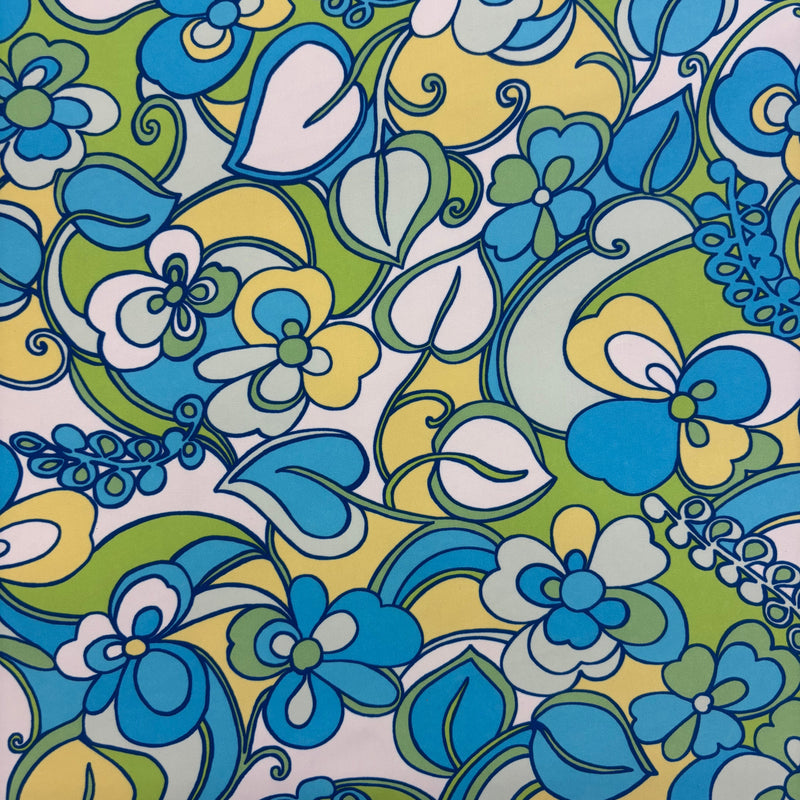 Blue Floral Print Polyester Spandex Fabric - Blue Floral Print, 58"/60" Width (1 Yard)