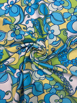 Blue Floral Print Polyester Spandex Fabric - Blue Floral Print, 58"/60" Width (1 Yard)