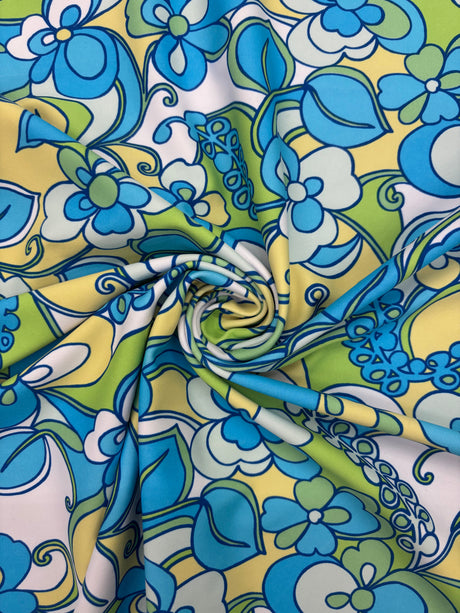Blue Floral Print Polyester Spandex Fabric - Blue Floral Print, 58"/60" Width (1 Yard)