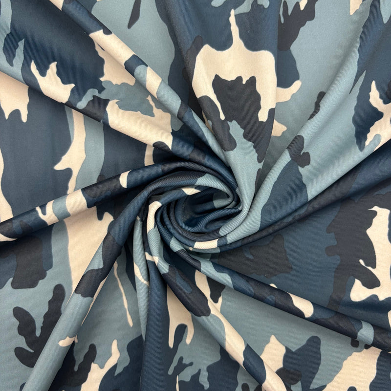 Blue Camoflage Print Polyester Spandex Fabric - Blue Camoflage Print, 58"/60" Width (1 Yard)