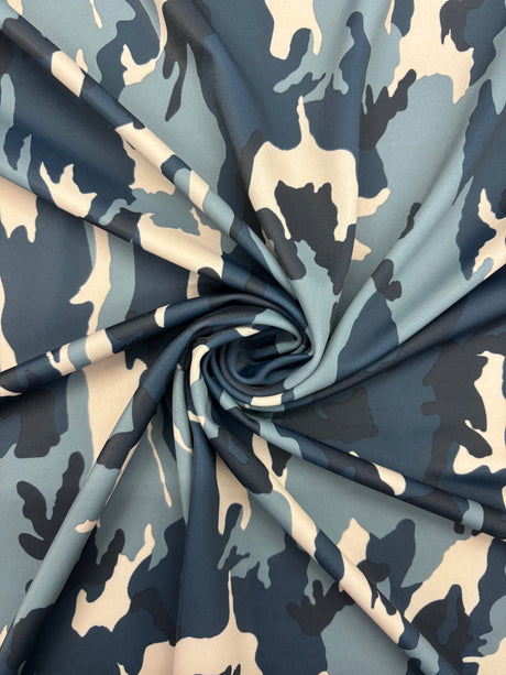 Blue Camoflage Print Polyester Spandex Fabric - Blue Camoflage Print, 58"/60" Width (1 Yard)
