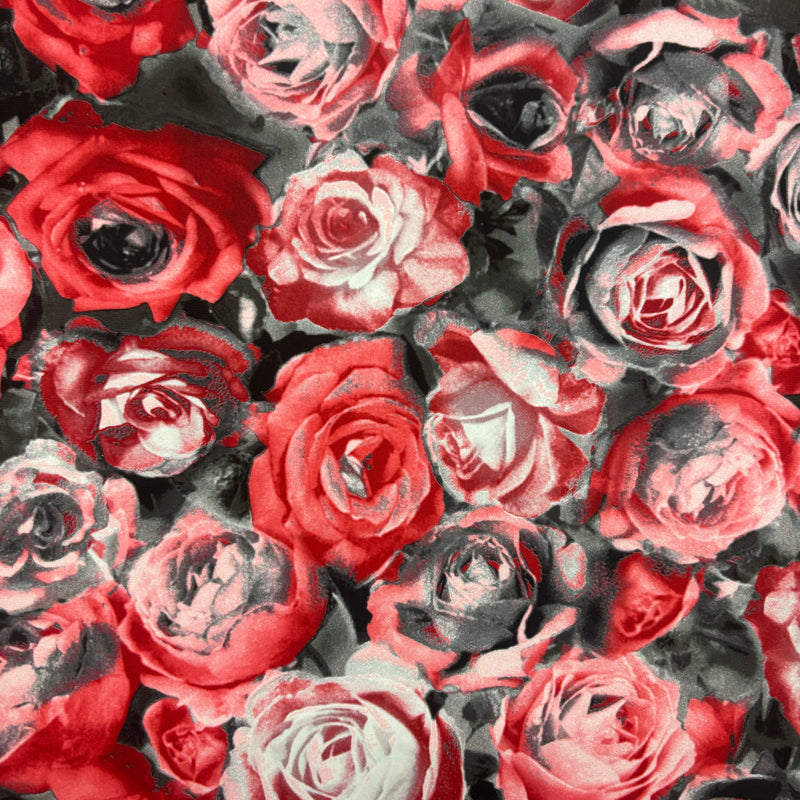 Red Roses Print Spandex Fabric - Red Roses Print, 58"/60" Width (1 Yard)