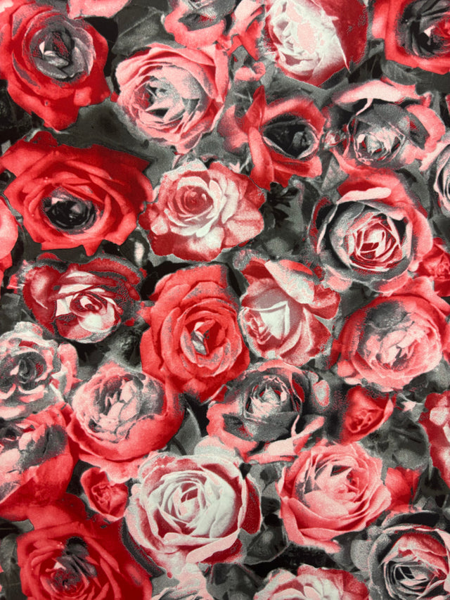 Red Roses Print Spandex Fabric - Red Roses Print, 58"/60" Width (1 Yard)