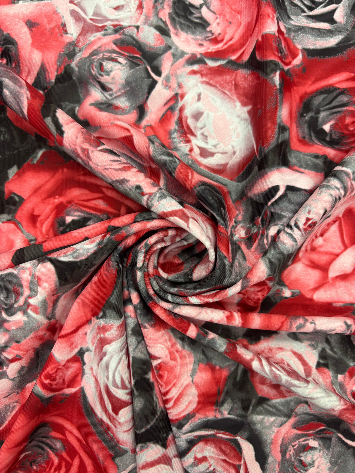 Red Roses Print Spandex Fabric - Red Roses Print, 58"/60" Width (1 Yard)