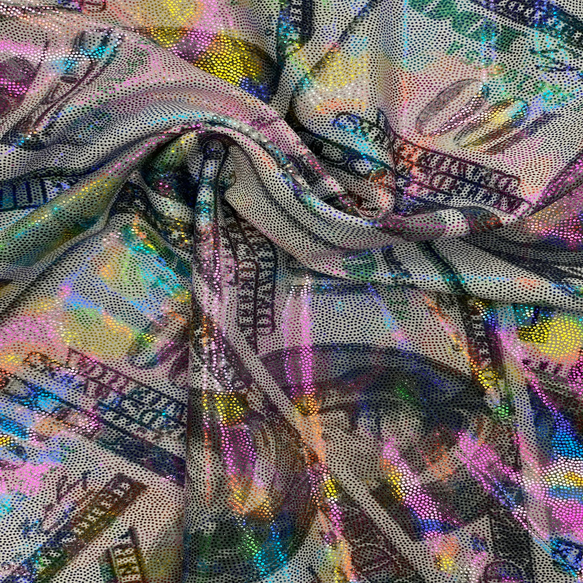 Hologram Mystique Money Print Polyester Nylon Spandex Fabric - Money Print, 60" Width (1 Yard)