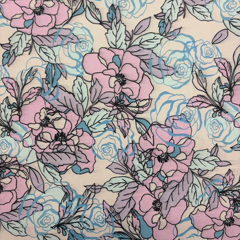 Blue And Pink Floral Print Polyester Spandex Fabric - Blue And Pink Floral Print, 58"/60" Width (1 Yard)
