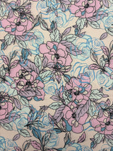Blue And Pink Floral Print Polyester Spandex Fabric - Blue And Pink Floral Print, 58"/60" Width (1 Yard)