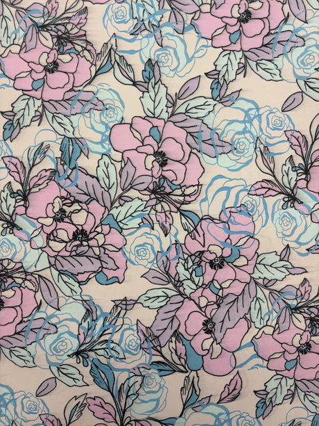 Blue And Pink Floral Print Polyester Spandex Fabric - Blue And Pink Floral Print, 58"/60" Width (1 Yard)