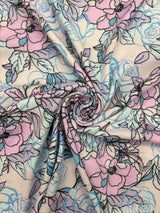 Blue And Pink Floral Print Polyester Spandex Fabric - Blue And Pink Floral Print, 58"/60" Width (1 Yard)