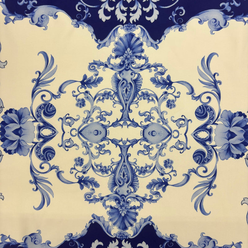 Blue Damask Print Polyester Spandex Fabric - Blue Damask Print, 58"/60" Width (1 Yard)