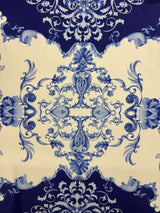 Blue Damask Print Polyester Spandex Fabric - Blue Damask Print, 58"/60" Width (1 Yard)