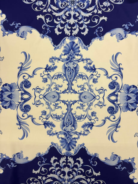 Blue Damask Print Polyester Spandex Fabric - Blue Damask Print, 58"/60" Width (1 Yard)