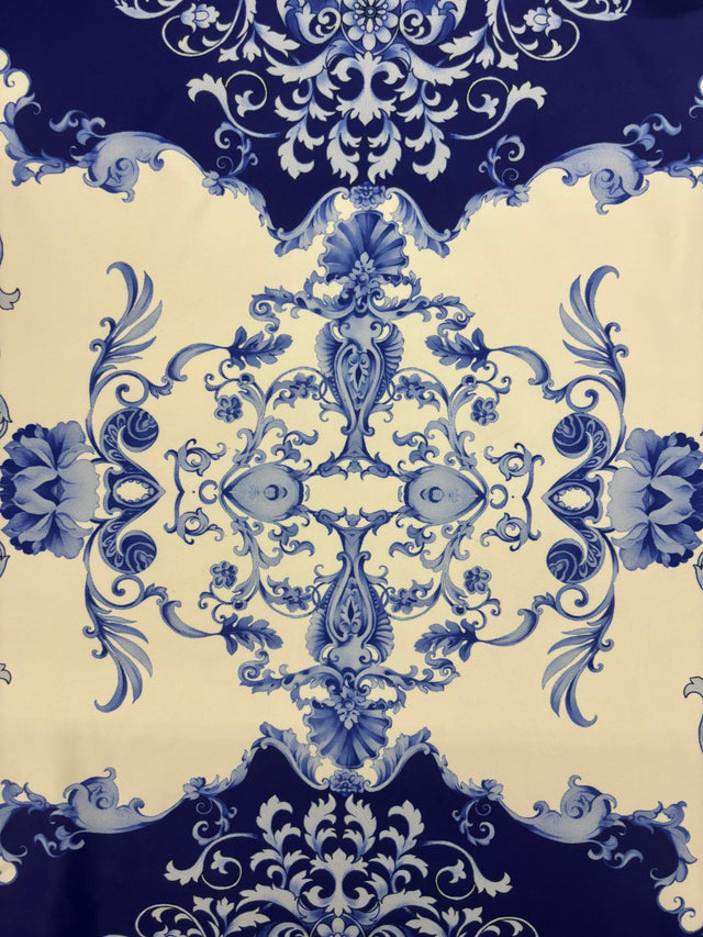 Blue Damask Print Polyester Spandex Fabric - Blue Damask Print, 58"/60" Width (1 Yard)