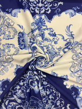 Blue Damask Print Polyester Spandex Fabric - Blue Damask Print, 58"/60" Width (1 Yard)