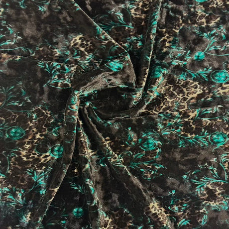 Camouflage Leopard Print Crushed Stretch Velvet Fabric - Turquoise/Gray, 60" Width (1 Yard)