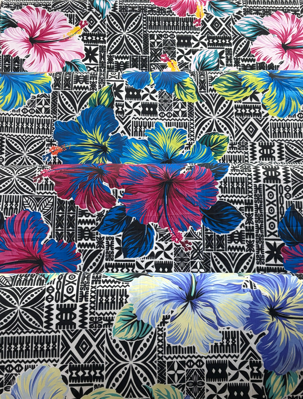 Polyester Fabric Hibiscus Flowers on Traditional Tapa