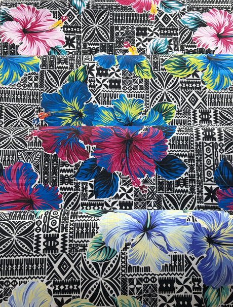Polyester Fabric Hibiscus Flowers on Traditional Tapa