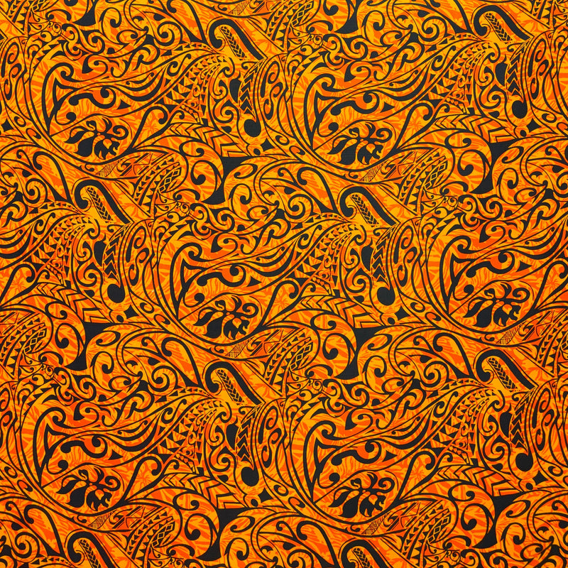 Polynesian Tribal Stems & Leaves Cotton Light Barkcloth Fabric - All Over Design, Mustard/Brown, 36" X 45" (1 Yard)