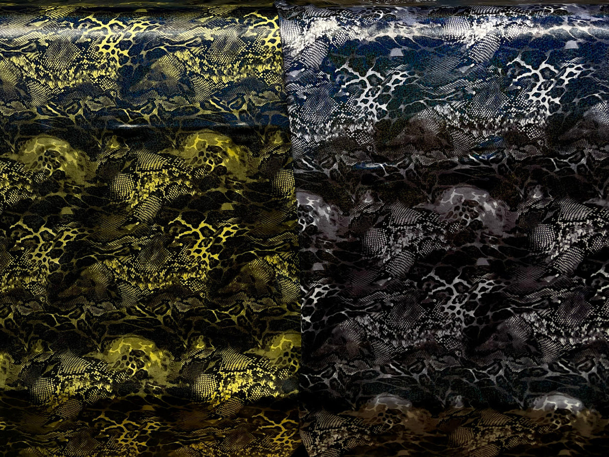 New Holographic Snakeskin Design Foil Nylon Spandex Fabric - Yellow, White, 58 To 60 Inches Wide