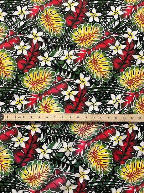 Tiare Split Leaf Monstera Poly-Cotton Fabric - Tropical Monstera And Tiare Print, 36" X 45" (1 Yard)