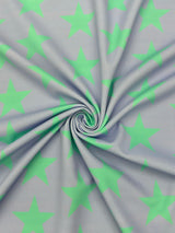 Lilac And Green Star Printed Spandex Fabric - Lilac And Green Star Print, 58"/60" Width (1 Yard)