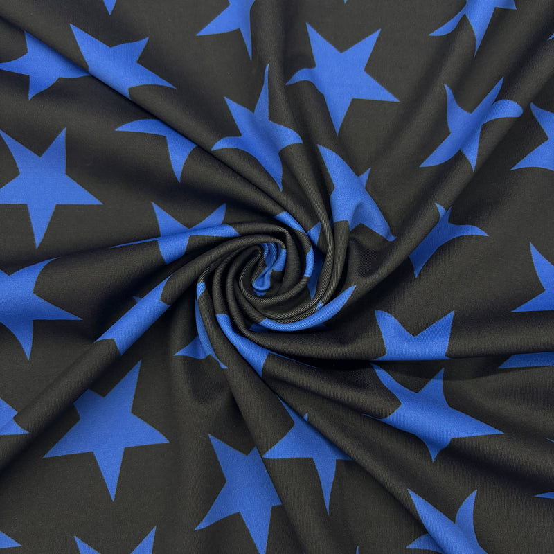 Black And Blue Star Printed Spandex Fabric - Black And Blue Star Print, 58"/60" Width (1 Yard)
