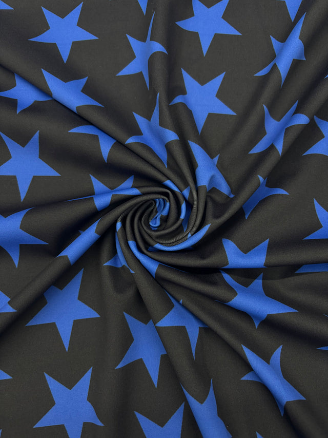 Black And Blue Star Printed Spandex Fabric - Black And Blue Star Print, 58"/60" Width (1 Yard)