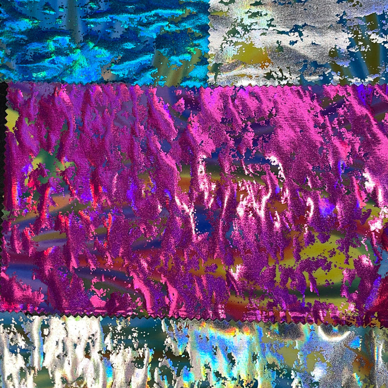 Multicolored Lava Swirls Under Beautiful Colored Foil Polyester Spandex Fabric - Turquoise, Fuchsia, Silver, Foil Print, 58 To 60 Inches Wide