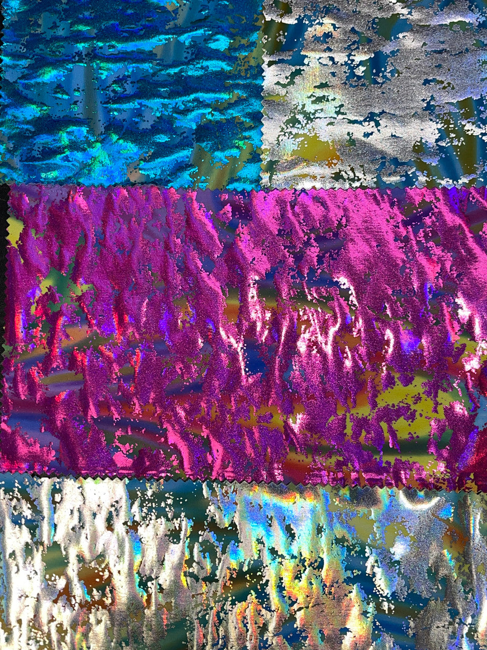 Multicolored Lava Swirls Under Beautiful Colored Foil Polyester Spandex Fabric - Turquoise, Fuchsia, Silver, Foil Print, 58 To 60 Inches Wide