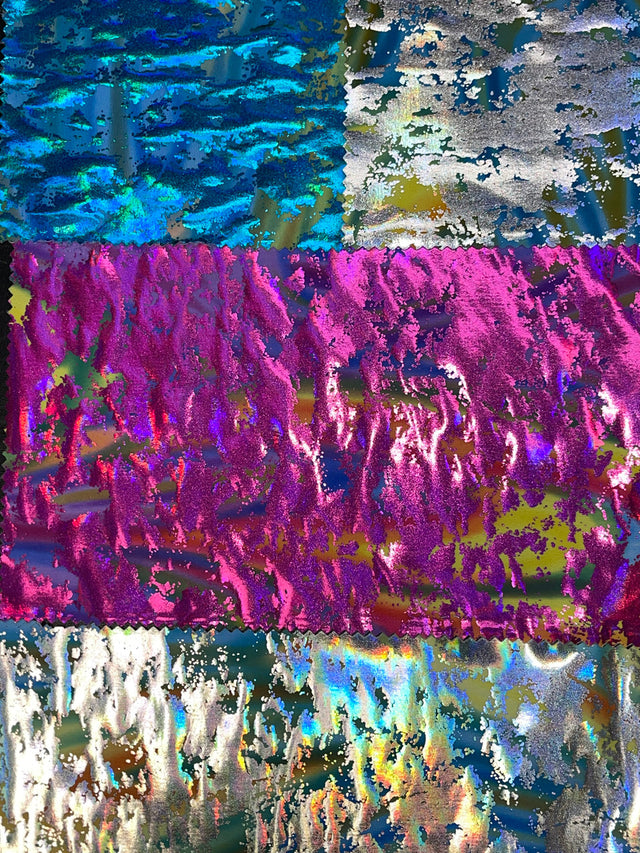 Multicolored Lava Swirls Under Beautiful Colored Foil Polyester Spandex Fabric - Turquoise, Fuchsia, Silver, Foil Print, 58 To 60 Inches Wide