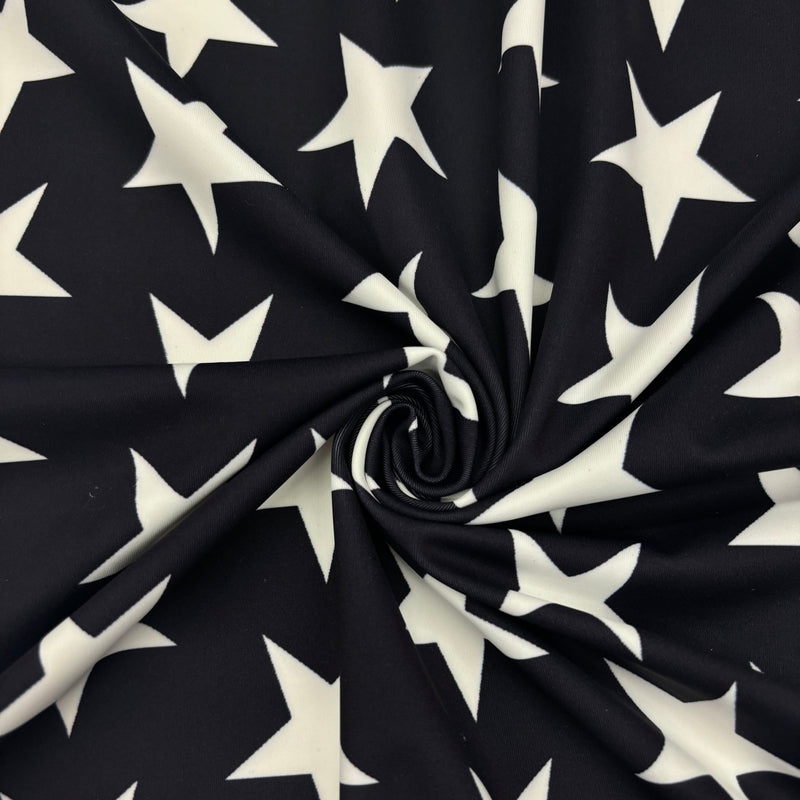 Black And White Star Printed Polyester Spandex Fabric - Black And White Star Print, 58"/60" Width (1 Yard)