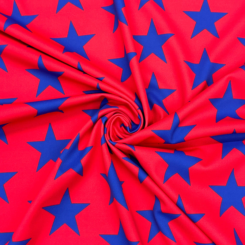 Red And Blue Star Printed Polyester Spandex Fabric - Red And Blue Star Print, 58"/60" Width (1 Yard)
