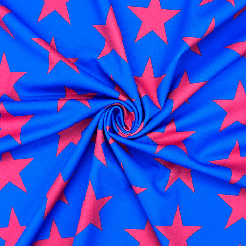 Blue And Red Star Printed Spandex Fabric - Blue/Red Star Print, 58"/60" Width (1 Yard)