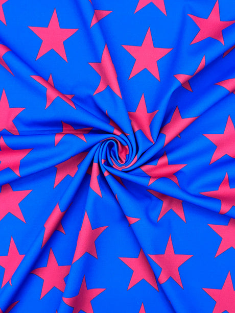 Blue And Red Star Printed Spandex Fabric - Blue/Red Star Print, 58"/60" Width (1 Yard)