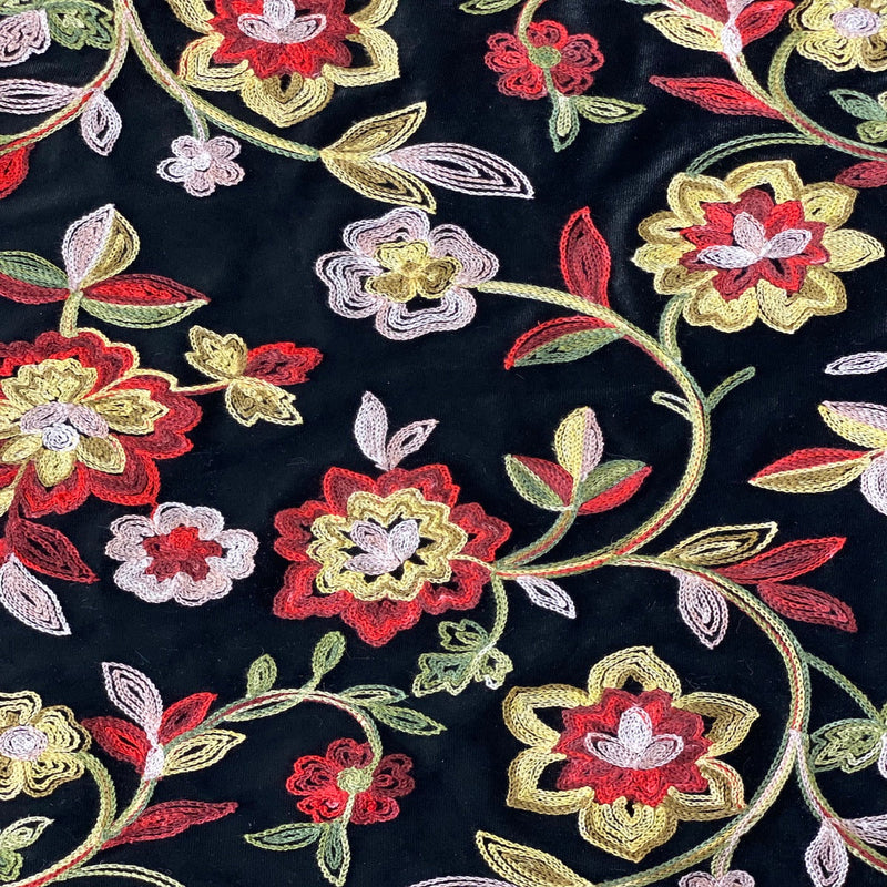 Briony Multicolor Floral Embroidered Stretch Velvet Fabric - Multicolor Floral Embroidery, 52" Width (1 Yard)