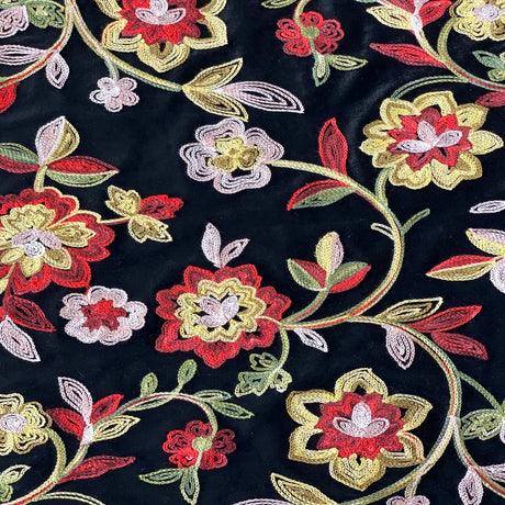 Briony Multicolor Floral Embroidered Stretch Velvet Fabric - Multicolor Floral Embroidery, 52" Width (1 Yard)